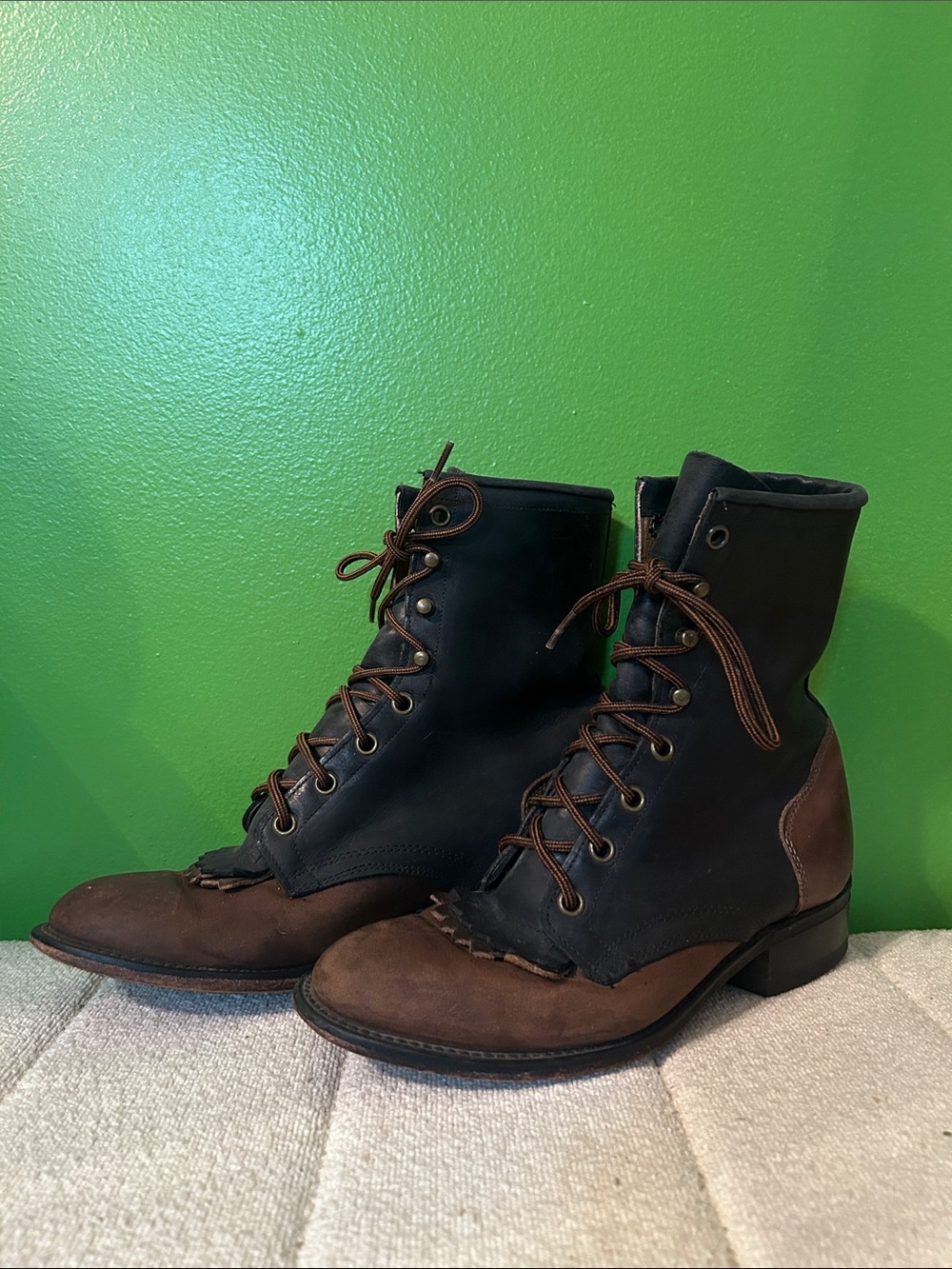 Zeodica Leather Lace-Up Ankle Boots | Two-Tone Brown & Black | Size 6